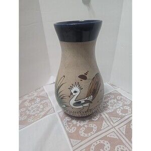 Tostado Mexico Pottery Vase Browns Blues w/peacock  & Butterfly Hand-painted